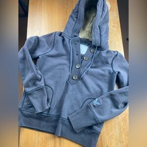 Y2K AE 77 Womens L Faux Fur Sherpa Lined Henley Hoodie Preppy 2000s Gray Swan